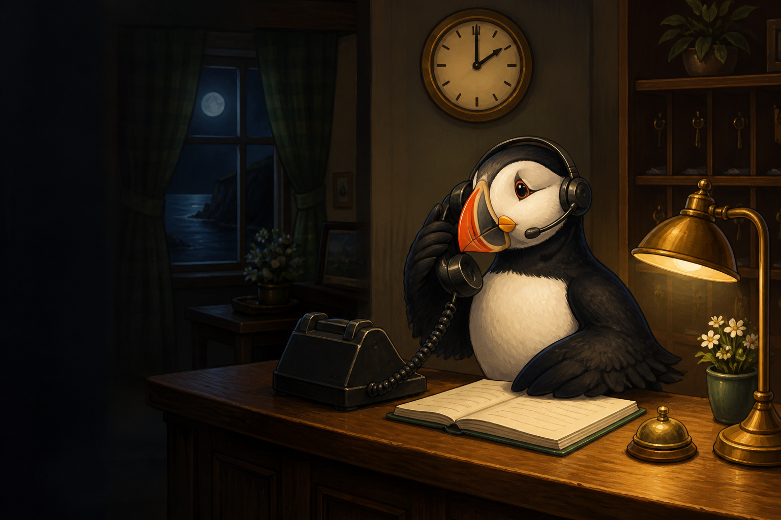 A friendly cartoon Atlantic puffin answering Brookdale's telephone at two in the morning